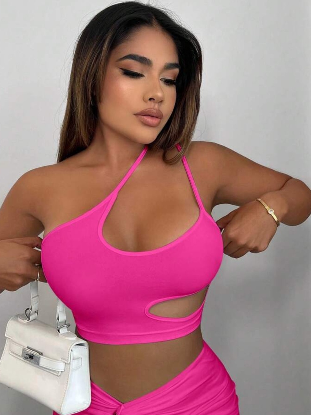 SHEIN Hot Pink One-Shoulder Cutout Swim Coverup Top